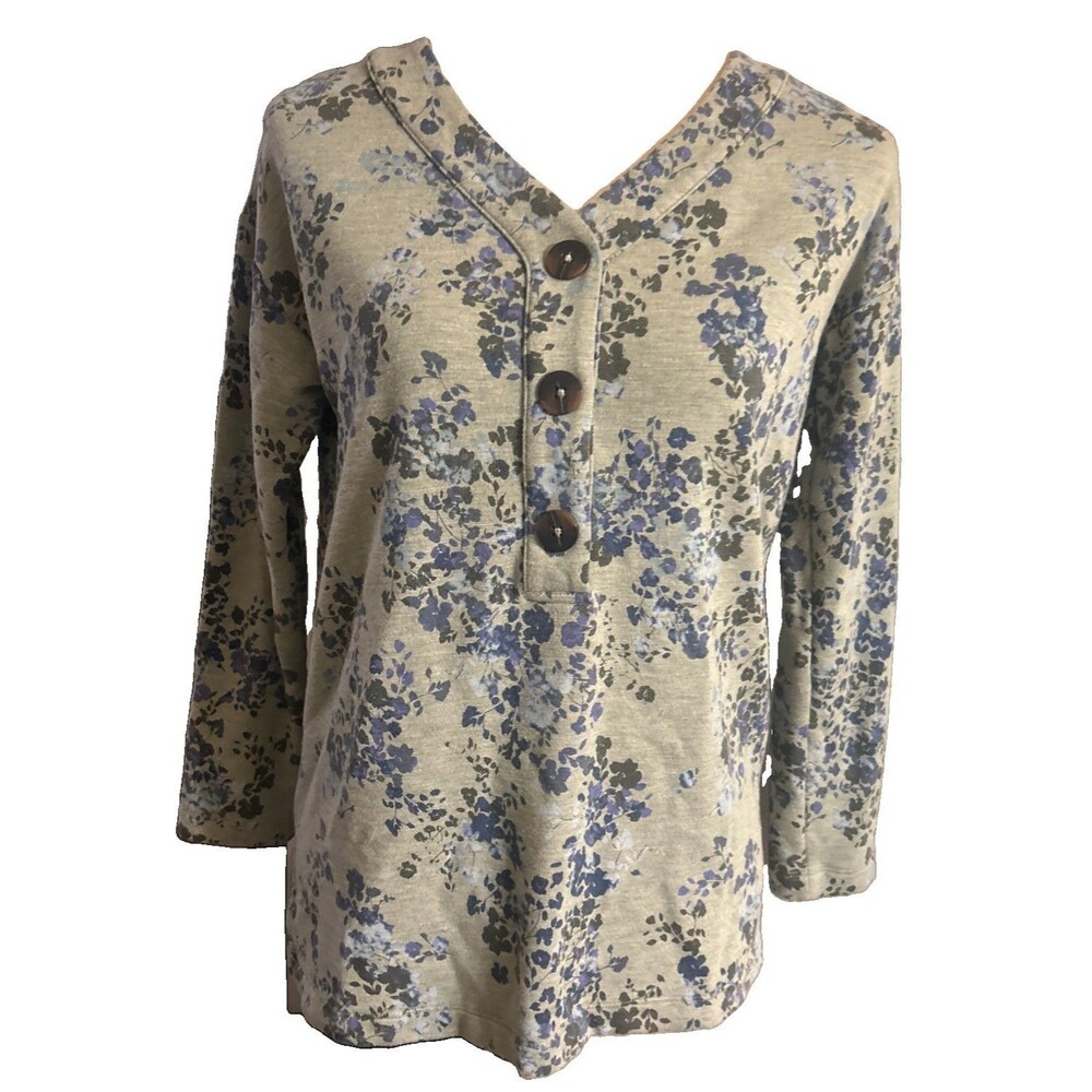 J. Jill Popover Floral Gray Blue Fleece Tunic Pullover Henley Oversized Top PXS